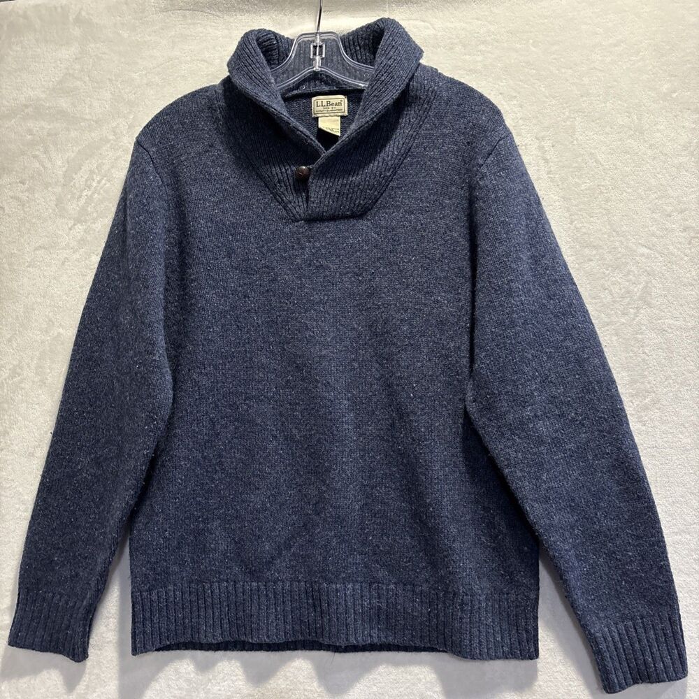 LL Bean Shetland Wool Shawl Collar Sweater Men's Size Large Blue Elbow Patches